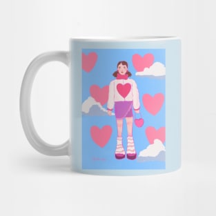 ilustración de chica con corazones y nubes Mug